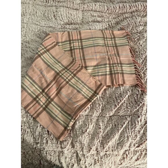 Plaid Cashmere & Viscose Scarf 66..5 “ x 12 “ . Pink, brown, white & blue‎ - Picture 3 of 7